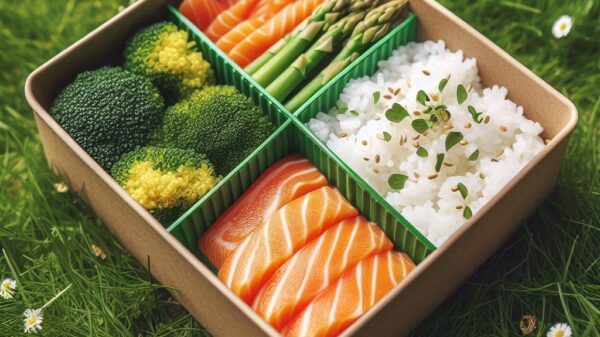 schiscetta. Bento box con riso, salmone e broccoli