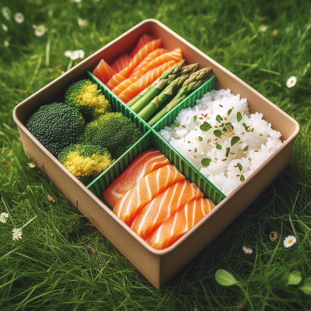 schiscetta. Bento box con riso, salmone e broccoli