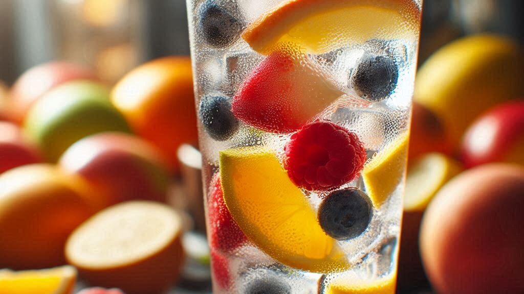 Acqua con frutta. Bicchiere d'acqua con giaccio e frutta. Infuso alla frutta. Acqua fresca