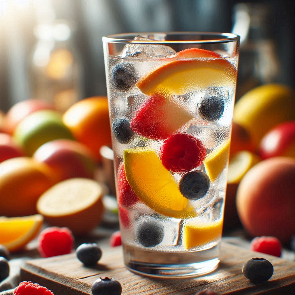 Acqua con frutta. Bicchiere d'acqua con giaccio e frutta. Infuso alla frutta. Acqua fresca