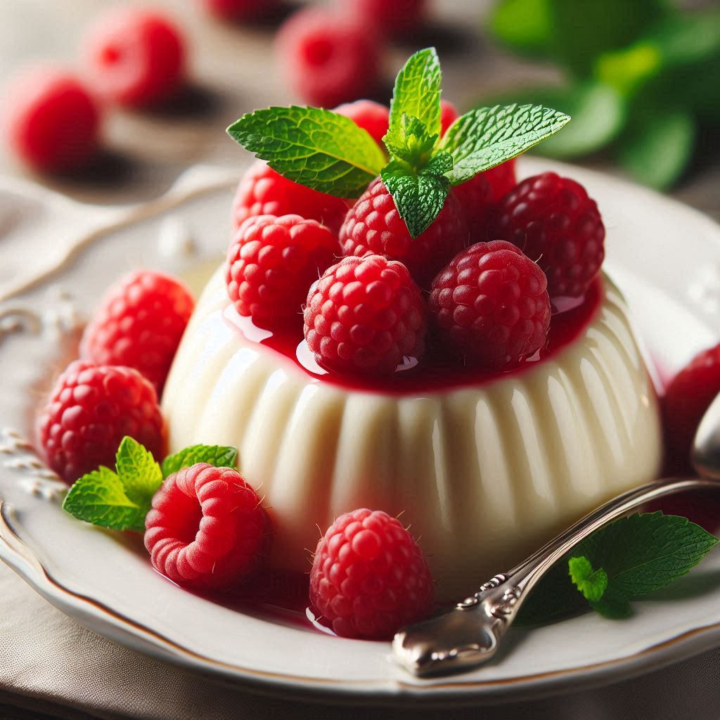 Panna cotta decorata con lamponi