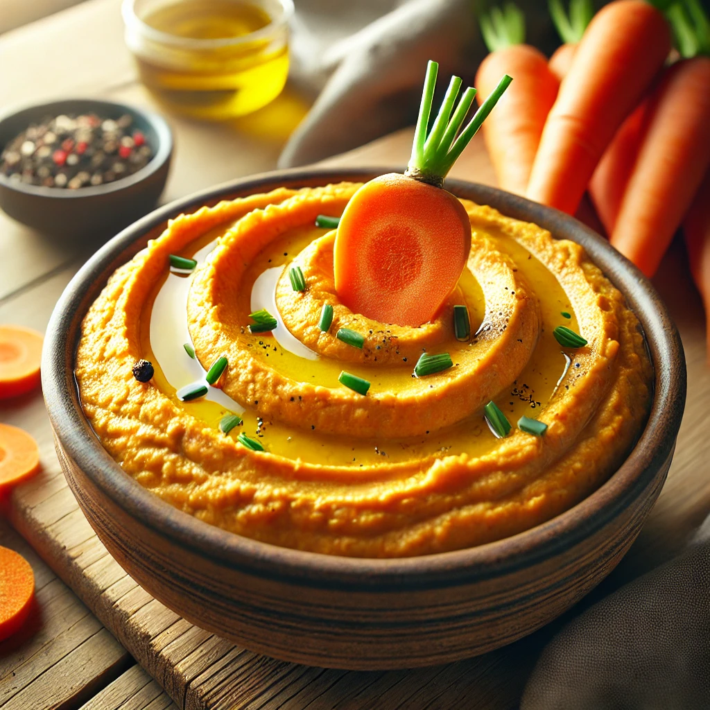 hummus di carote con erba cipollina, aglio e tahina